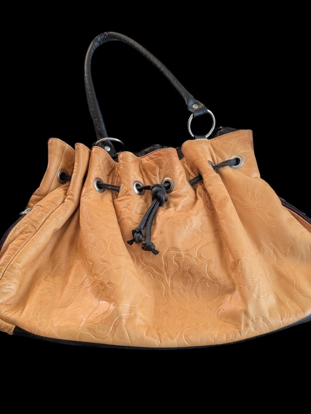 Vintage Leather Drawstring Tote Bag in Tan/Orange
